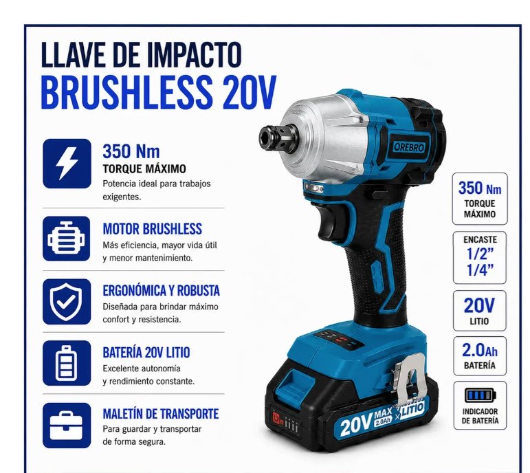 Llave de impacto 20v 2 bat + Maletin + Tubos - Orebro 2