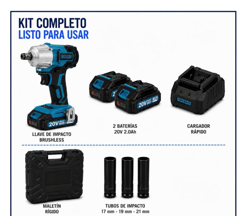 Llave de impacto 20v 2 bat + Maletin + Tubos - Orebro 3